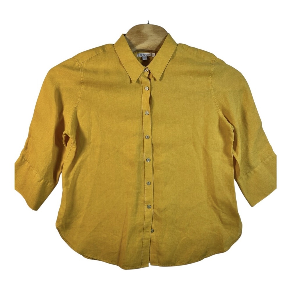 Chico's 100% Linen Button Down Shirt  Size 2.5/ US 14 No Iron Mustard 3/4 Sleeve